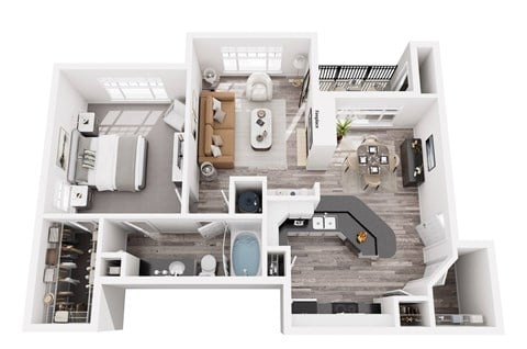 Floor plan for 1 bed, 1 bath, 889 sqft